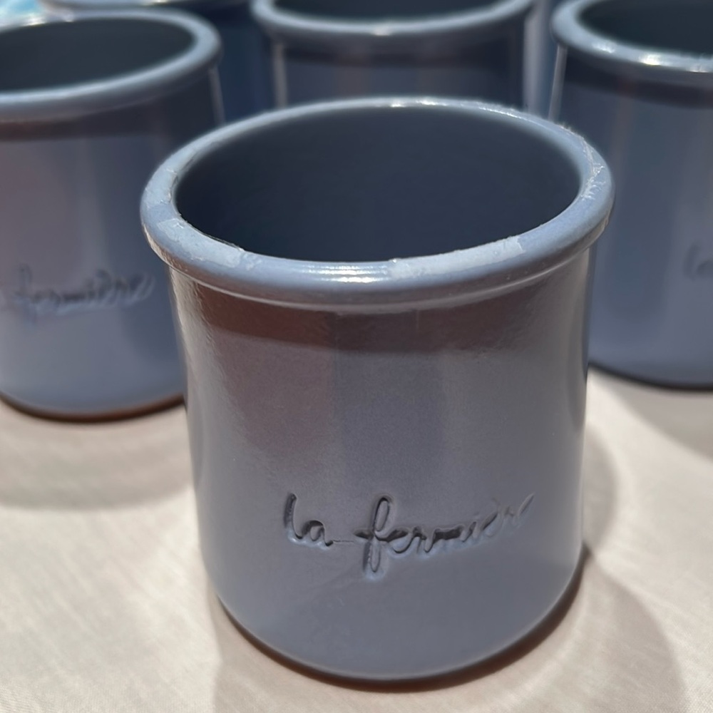 6 empty clay la fermiere yogurt pots. Blue Desired by crafters and bakers